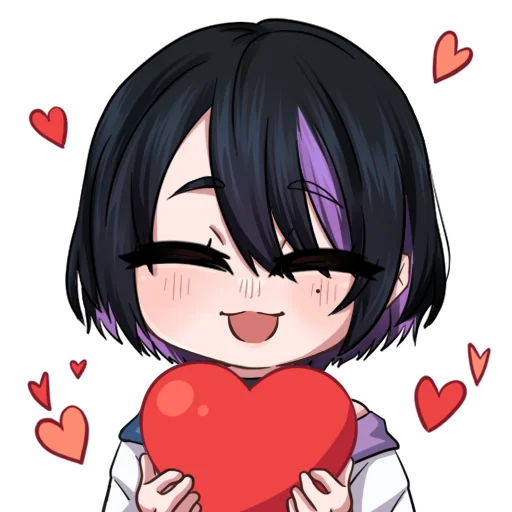 korzynka persykiv, non-web source, 1girl, black hair, closed eyes, hair between eyes, happy, heart, hikka (oc), hikka (website), holding, holding heart, mole, mole on cheek, multicolored hair, purple hair, purple streaks, short hair, smile, solo, transparent background, two-tone hair, upper body, valentine