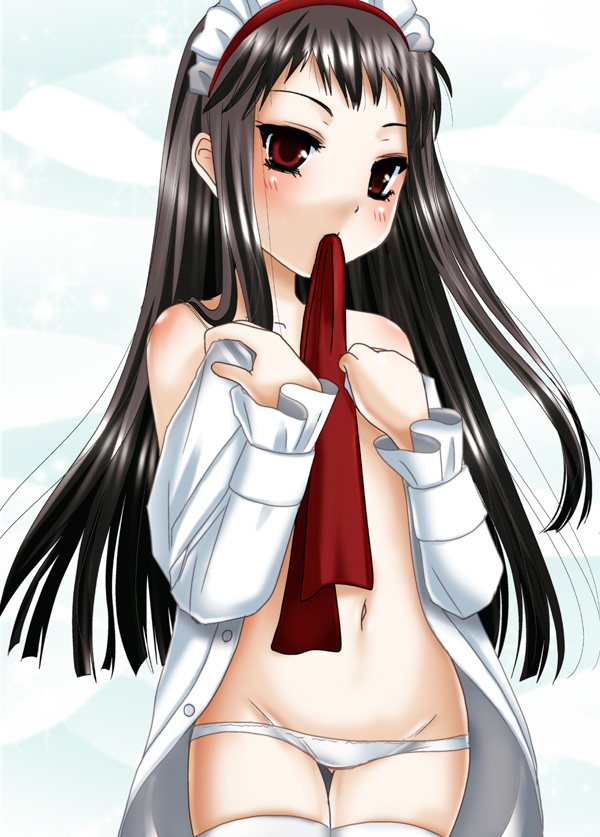 inumori sayaka, jakuri (ar tonelico), ar tonelico, ar tonelico ii, gust, 00s, 1girl, black hair, blush, bonnet, female focus, long hair, lowleg, lowleg panties, mouth hold, navel, open clothes, open shirt, panties, red eyes, shirt, solo, thighhighs, underwear, undressing