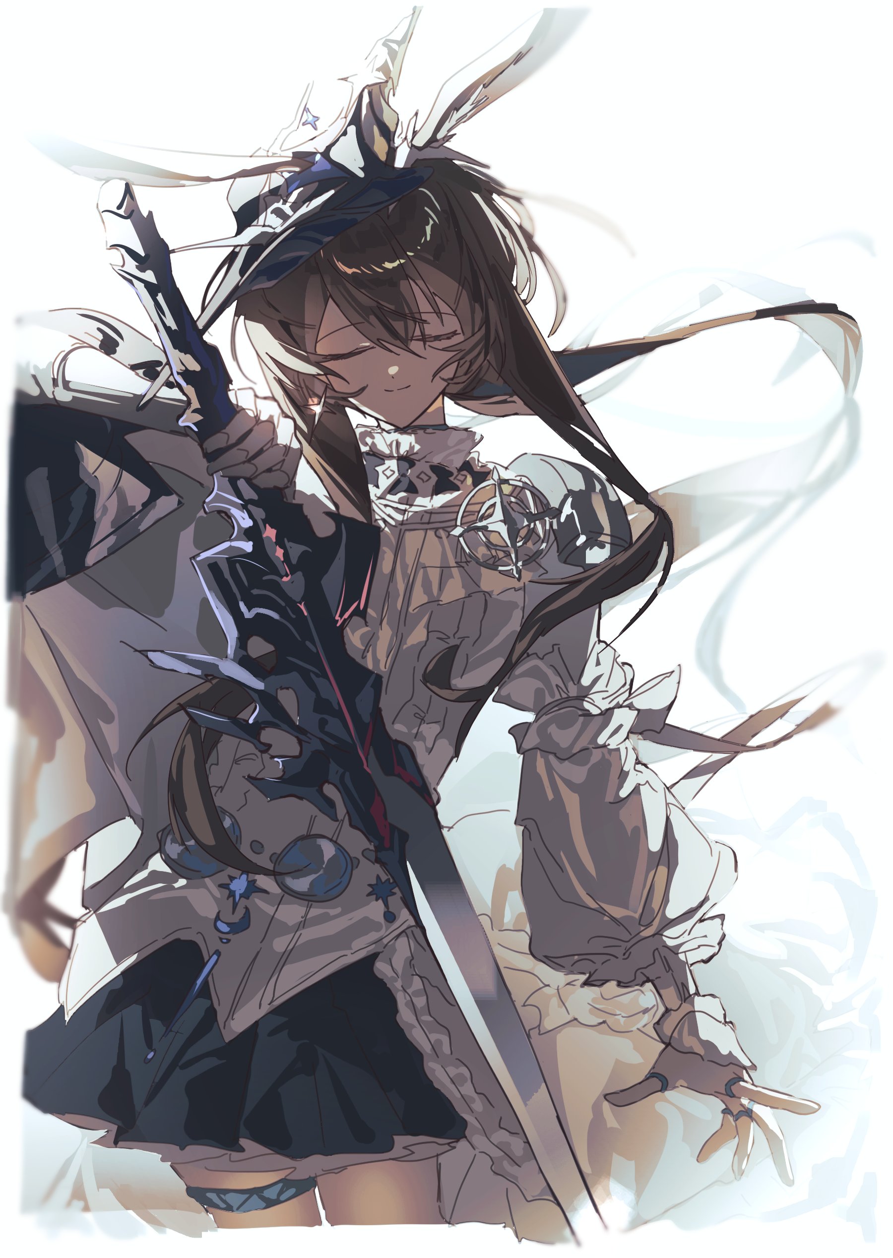 chjjlold, amiya (arknights), amiya (guard) (arknights), arknights, absurdres, highres, 1girl, amiya (guard) (in a myriad of universes) (arknights), animal ears, brown hair, closed eyes, hair between eyes, holding, holding sword, holding weapon, official alternate costume, rabbit ears, simple background, solo, sword, thighs, weapon, white background