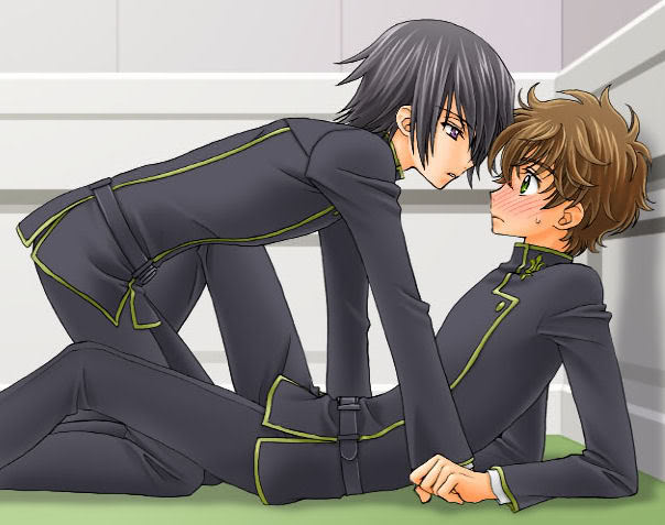 kururugi suzaku, lelouch vi britannia, code geass, 00s, 2boys, all fours, blush, male focus, multiple boys, sweatdrop, yaoi