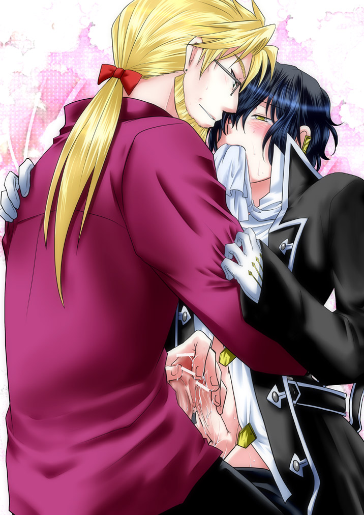 gilbert nightray, oscar vessalius, pandora hearts, 00s, 2boys, beard, biting, blush, cum, facial hair, glasses, gloves, handjob, male focus, multiple boys, open clothes, open shirt, penis, piercing, ribbon, shirt, smile, sweat, tears, yaoi