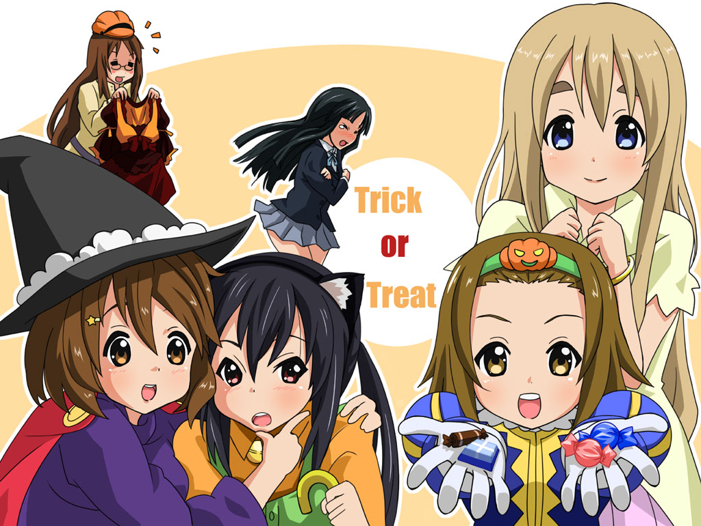 yagami (artist), yagami (mukage), akiyama mio, hirasawa yui, kotobuki tsumugi, nakano azusa, tainaka ritsu, yamanaka sawako, k-on!, costume, eyebrows, 6+girls, animal ears, black hair, blonde hair, blue eyes, brown eyes, brown hair, candy, cat ears, cosplay, food, hairband, halloween, hat, ho-kago tea time, jack-o'-lantern, long hair, multiple girls, pumpkin, short hair, trick or treat, twintails, witch hat