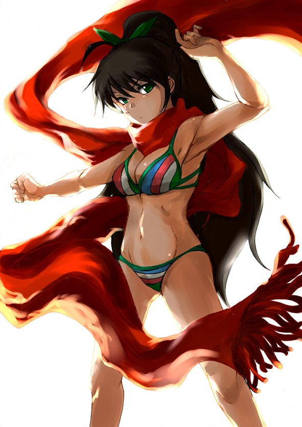 akenoin, akenoin soumon, ganaha hibiki, idolmaster, idolmaster (classic), bad id, bad pixiv id, 00s, 1girl, armpits, bikini, black hair, female focus, green eyes, high ponytail, long hair, ponytail, scarf, solo, striped bikini, striped clothes, swimsuit