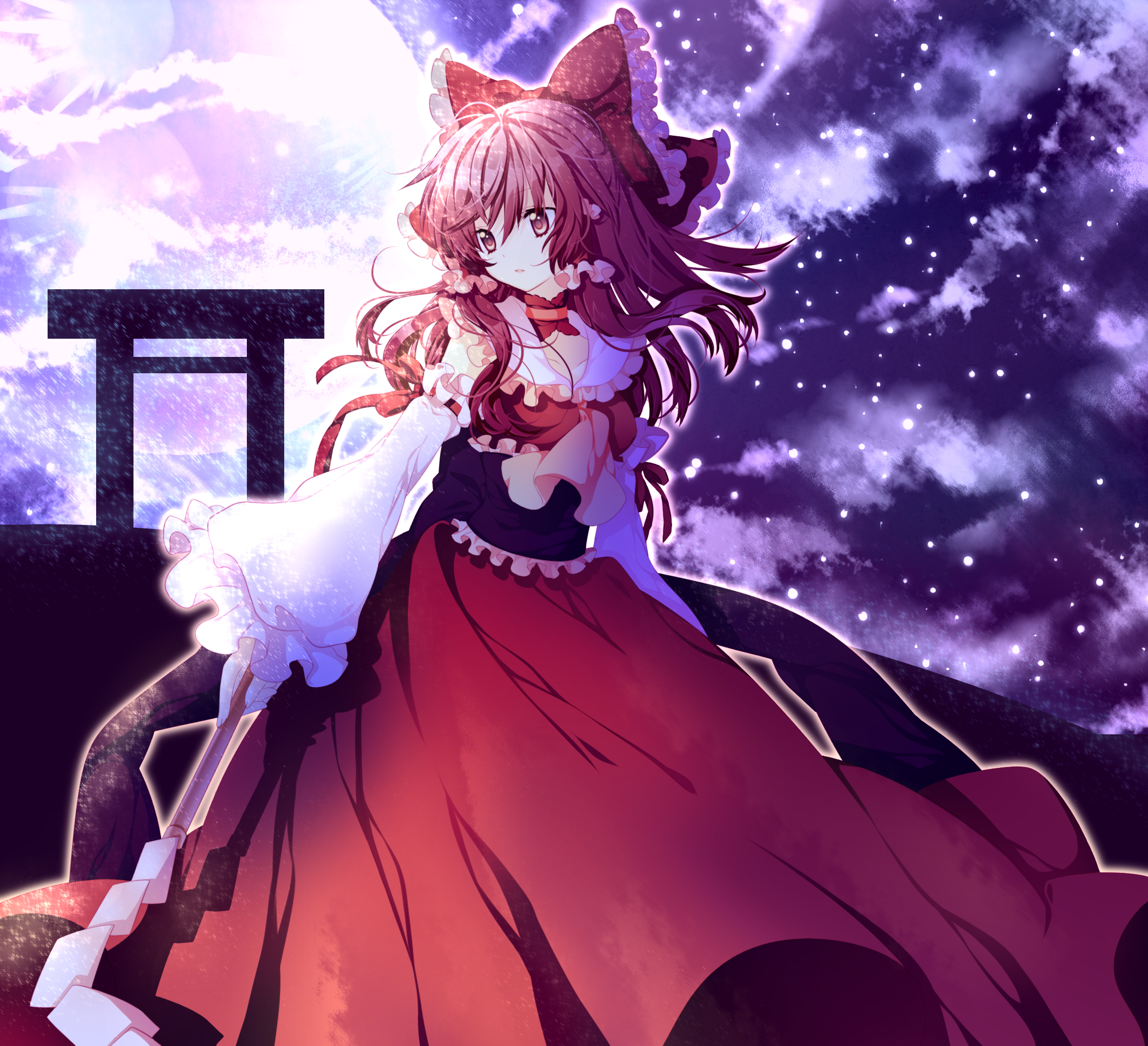 riichu, hakurei reimu, touhou, bad id, bad pixiv id, highres, 1girl, alternate costume, bow, brown eyes, brown hair, choker, detached sleeves, dress, expressionless, female focus, frills, gathers, gohei, hair bow, japanese clothes, light particles, miko, red dress, solo, torii