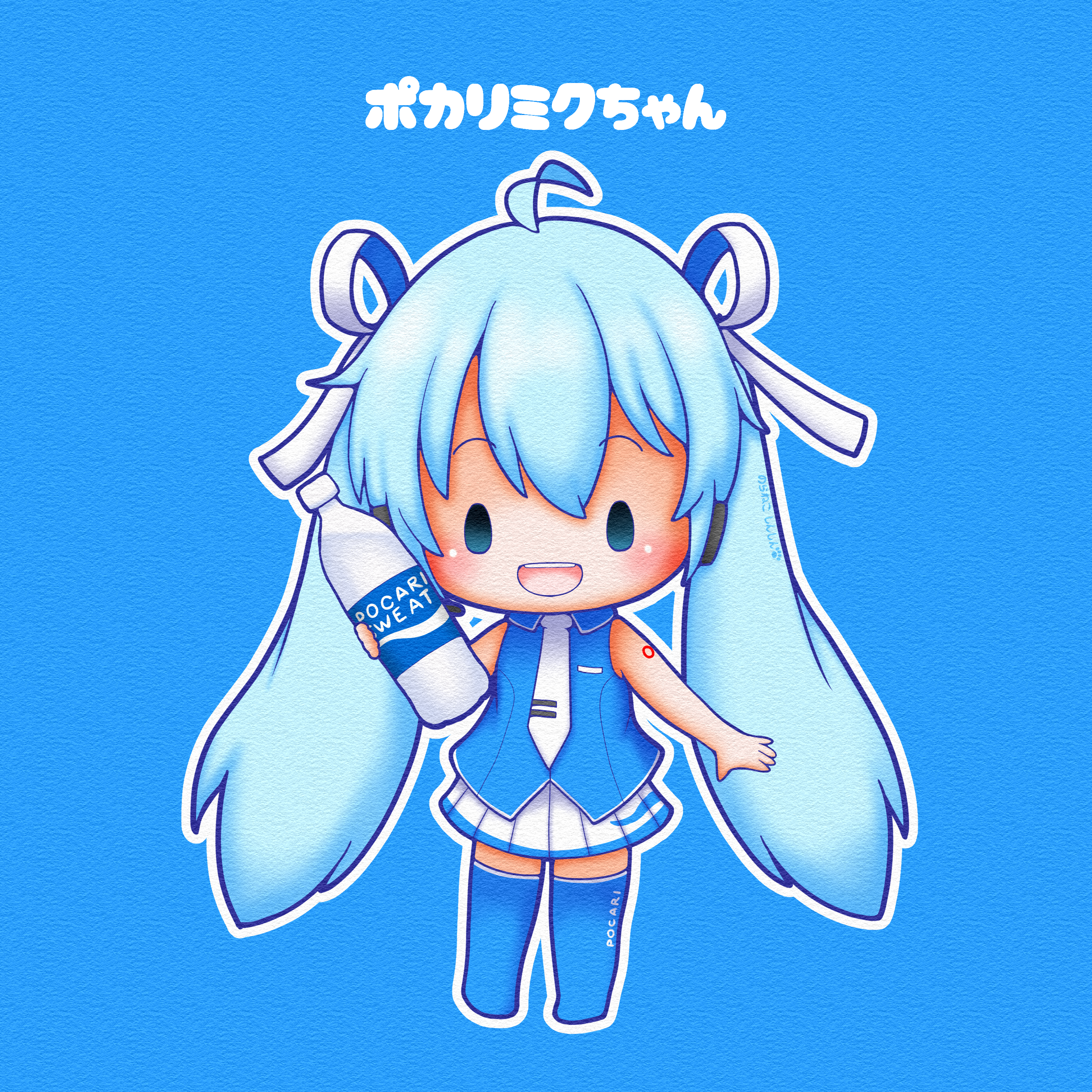sh1n chan, hatsune miku, pocari sweat, vocaloid, absurdres, commentary request, highres, 1girl, alternate costume, belt, blue belt, blue hair, blue shirt, blue thighhighs, bottle, chibi, chibi only, full body, holding, holding bottle, looking at viewer, miniskirt, necktie, open mouth, outline, pleated skirt, shirt, simple background, skirt, sleeveless, sleeveless shirt, smile, solo, standing, thighhighs, white necktie, white outline, white skirt, zettai ryouiki