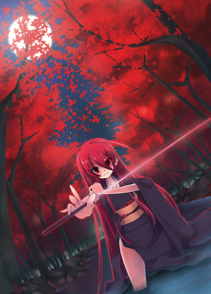 noi (noi 2y), shana, shakugan no shana, 00s, 1girl, bad anatomy, bad hands, dutch angle, female focus, foreshortening, japanese clothes, kimono, leaf, long hair, maple leaf, moon, obi, outstretched arm, poorly drawn, red eyes, red hair, red theme, sash, solo, submerged, sword, tree, wading, water, weapon