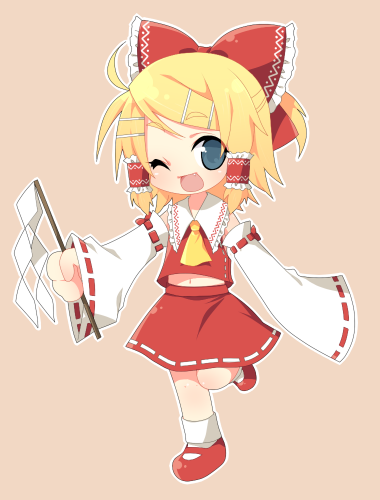 kiri futoshi, hakurei reimu, kagamine rin, touhou, vocaloid, lowres, 1girl, cosplay, female focus, full body, hakurei reimu (cosplay), japanese clothes, miko, one eye closed, simple background, solo, wink
