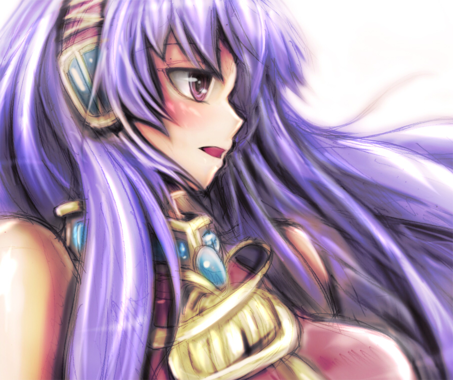 tanashi (mk2), kawashima ami, megurine luka, toradora!, vocaloid, 1girl, blue hair, breasts, cosplay, female focus, headphones, long hair, megurine luka (cosplay), purple eyes, solo, white background