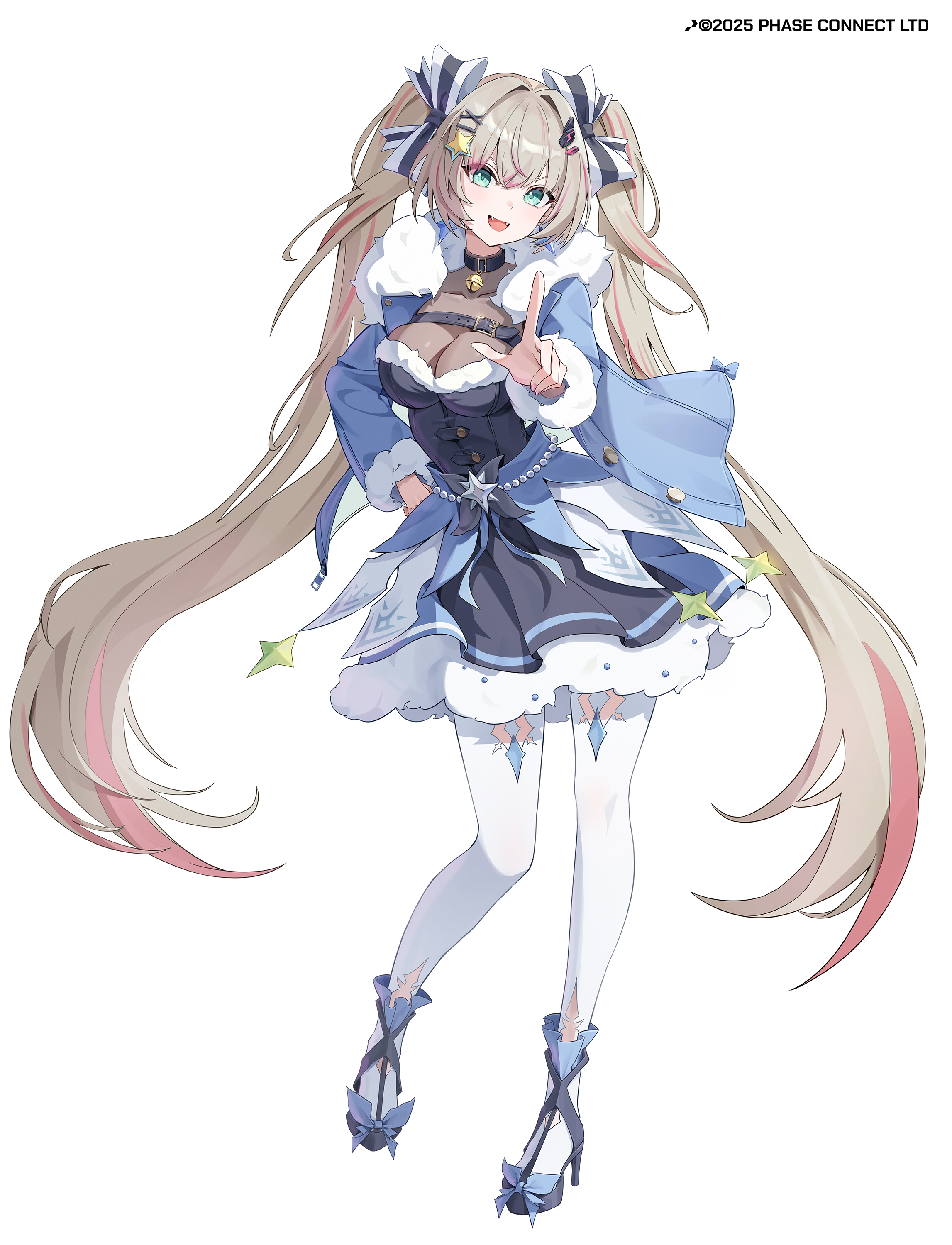 kurimui2, rinkou ashelia, phase connect, absurdres, commentary, english commentary, highres, 1girl, bell, black dress, black ribbon, black shoes, blonde hair, breasts, chest belt, copyright notice, dress, fangs, full body, fur-trimmed dress, fur trim, green eyes, hair ornament, high heels, long hair, neck bell, open mouth, pink hair, ribbon, see-through cleavage, see-through clothes, shoes, smile, solo, star (symbol), star hair ornament, twintails, two-tone ribbon, virtual youtuber, white background, white ribbon