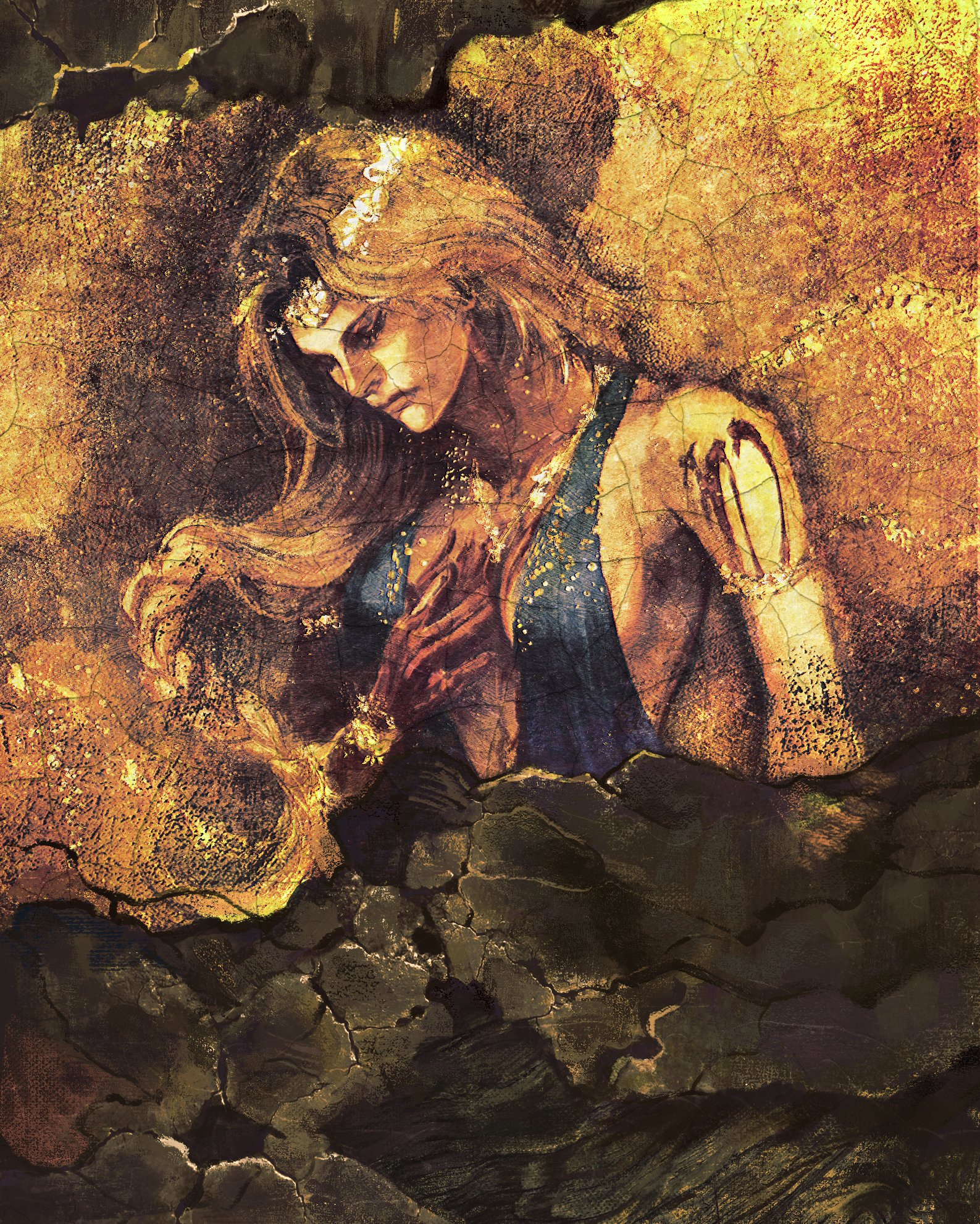 queen marika the eternal, elden ring, highres, 1girl, armlet, blonde hair, blood, blood on body, blood on hands, blue dress, bracelet, braid, breasts, circlet, closed eyes, crack, cracked skin, cracked wall, curtained hair, dress, gold, gold bracelet, gold circlet, gold diadem, jewelry, long hair, looking down, mur (murmuro0), necklace, plunging neckline, reflection, reflection focus, small breasts, solo, upper body