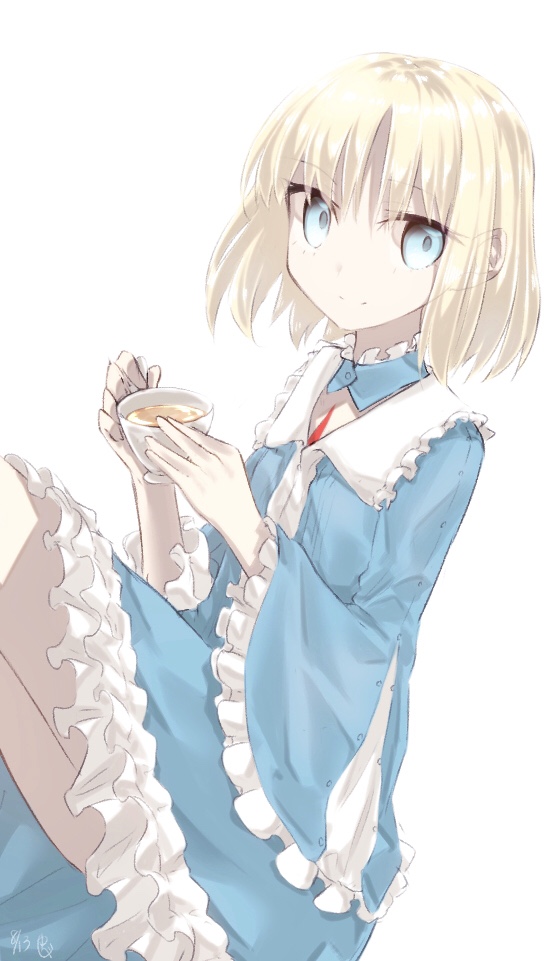 yubeshi (zecxl), sajou manaka, fate/prototype, fate (series), commentary request, 1girl, blonde hair, blue dress, blue eyes, breasts, chest tattoo, collar, cup, detached collar, dress, frilled collar, frills, long sleeves, looking at viewer, short hair, small breasts, smile, solo, tattoo, tea, teacup