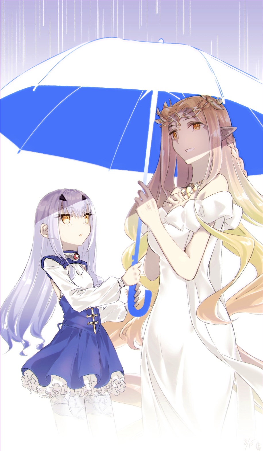 yubeshi (zecxl), aurora (fate), melusine (fate), melusine (second ascension) (fate), fate/grand order, fate (series), commentary request, highres, 2girls, bare shoulders, blonde hair, blue dress, breasts, circlet, cleavage, dress, forked eyebrows, jewelry, long hair, long sleeves, multiple girls, necklace, off shoulder, parted bangs, pointy ears, rain, sidelocks, small breasts, thighhighs, umbrella, white dress, white hair, white thighhighs, yellow eyes