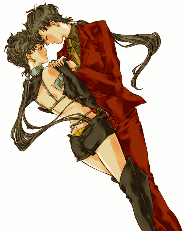 fragrant olive, kou seiya, sailor star fighter, seiya kou, bishoujo senshi sailor moon, bishoujo senshi sailor moon sailor stars, bishoujo senshi sailor moon stars, gender request, 1990s (style), 1boy, 1girl, black gloves, black hair, couple, crossdressing, dual persona, dutch angle, earrings, formal clothes, genderswap, gloves, hetero, jewelry, long hair, magical girl, retro artstyle, reverse trap, shorts, suit, time paradox, white background