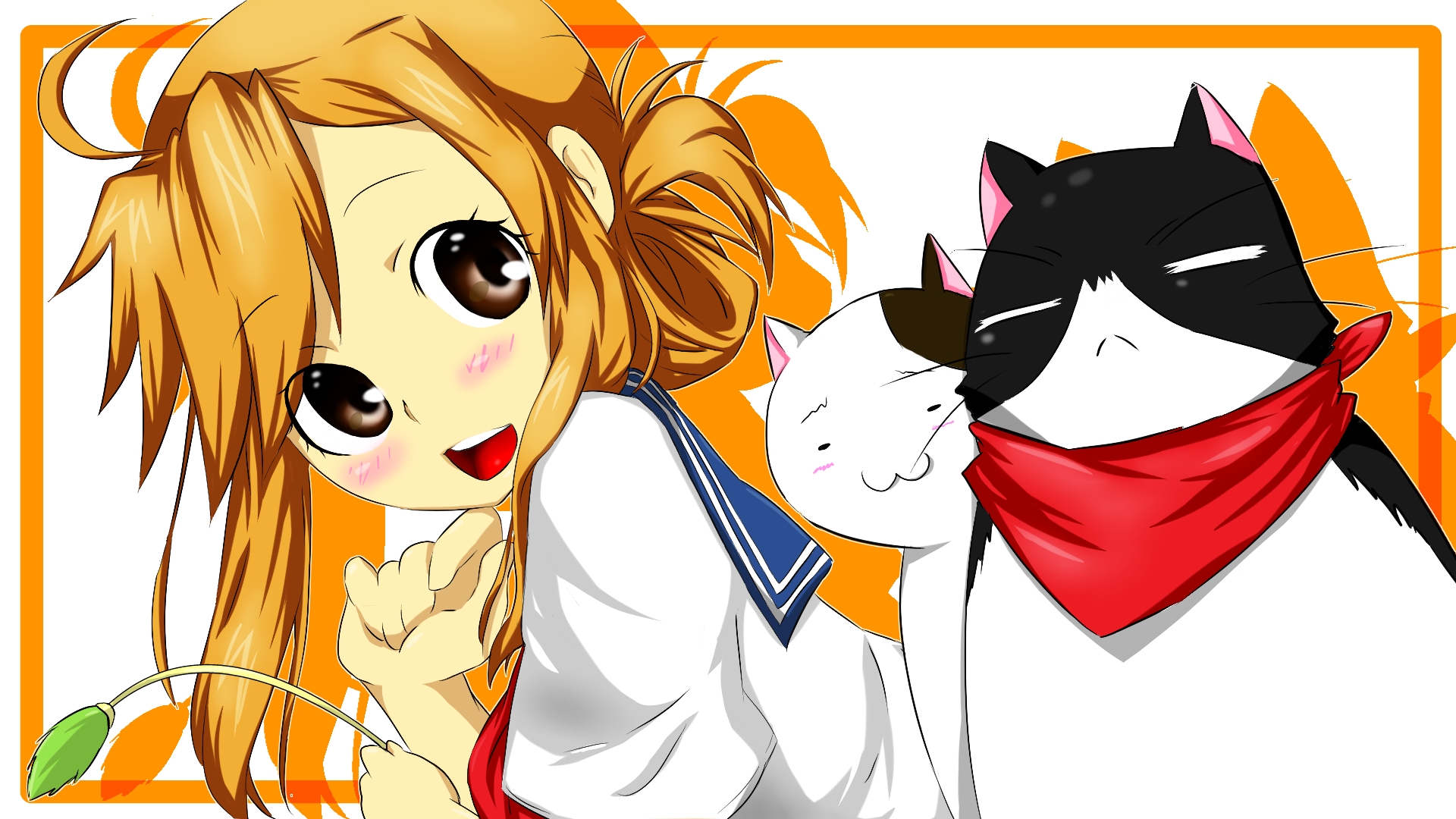 sakuragi ren, mizuno kaede, nyamsas, tama (nyan koi), nyan koi!, bad id, bad pixiv id, highres, 00s, 1girl, ahoge, blonde hair, cat, cat teaser, folded ponytail, open mouth, round teeth, school uniform, serafuku, teeth