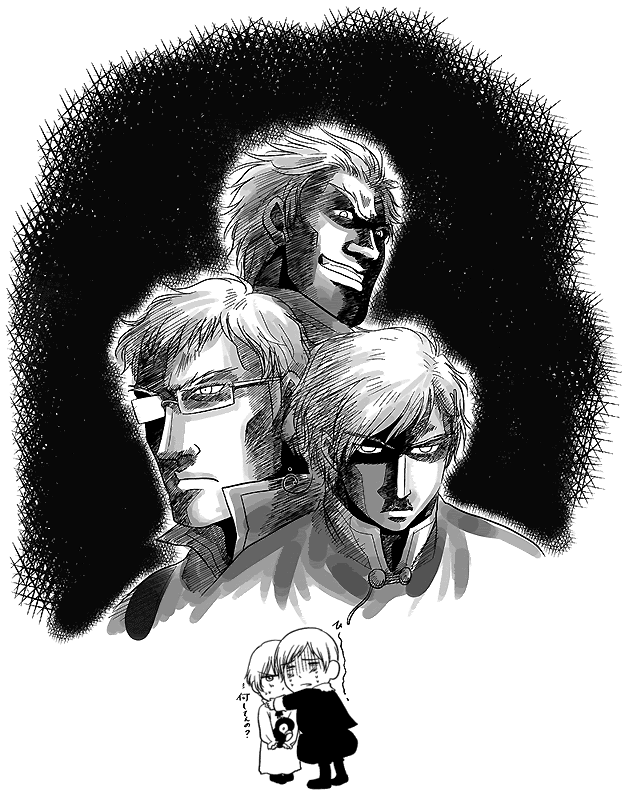 hime d., masuda himeno, denmark (hetalia), finland (hetalia), iceland (hetalia), norway (hetalia), sweden (hetalia), axis powers hetalia, 00s, 3boys, 5boys, bird, chibi, evil grin, evil smile, glasses, greyscale, grin, male focus, manly, monochrome, multiple boys, puffin, scared, smile, staring