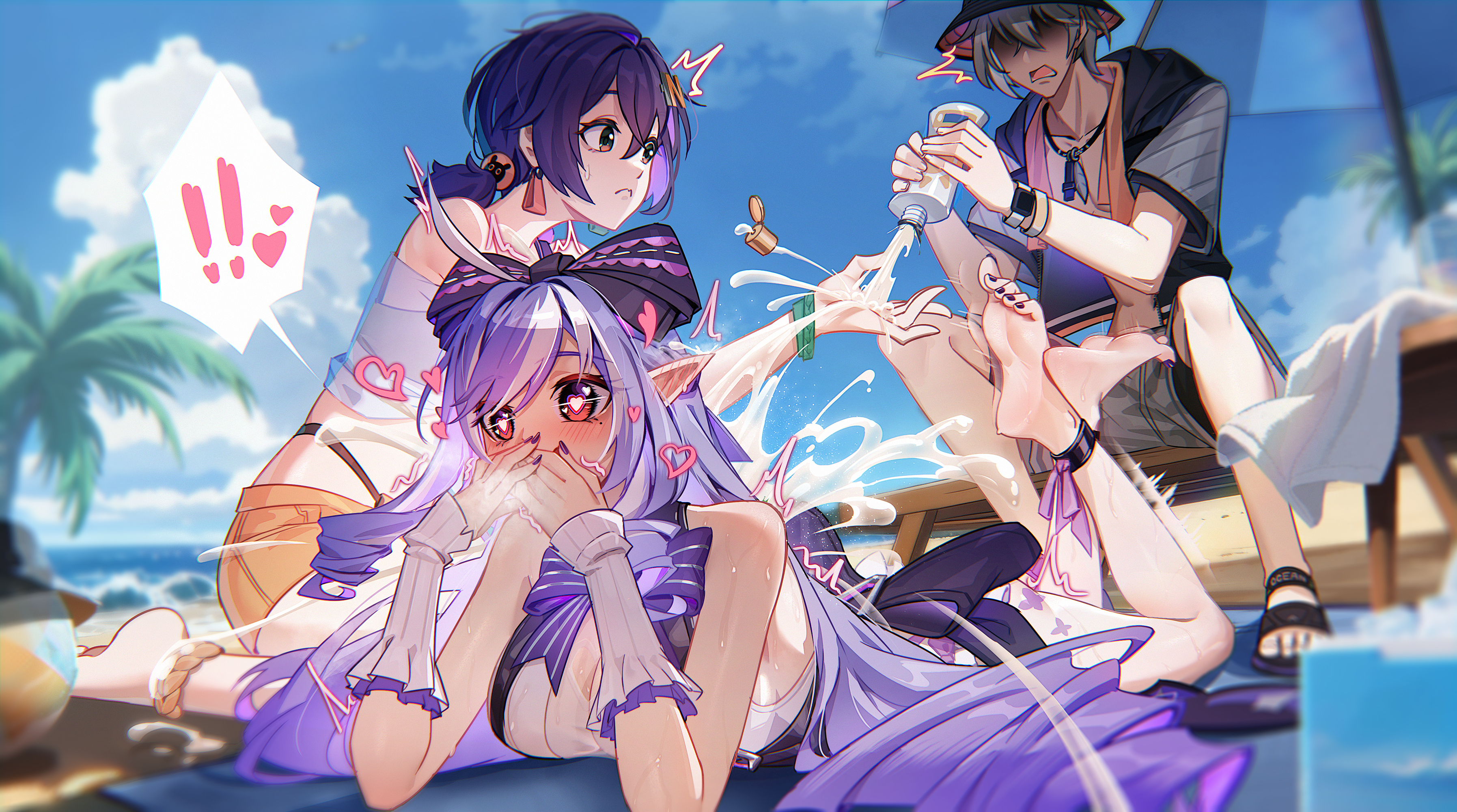 kangg, belle (summer skies) (zenless zone zero), belle (zenless zone zero), vivian banshee, vivian banshee (iris of the shore), wise (peaceful waves) (zenless zone zero), wise (zenless zone zero), zenless zone zero, absurdres, commentary request, highres, !, !!, 1boy, 2girls, ^^^, accident, applying sunscreen, bare shoulders, beach, beach towel, bench, black bow, black jacket, black sandals, blue hair, blue skirt, blush, bottle, bow, cloud, covering own mouth, drill hair, drill sidelocks, green eyes, grey hair, grey shorts, hair bow, hair ornament, hat, heart, heart-shaped pupils, holding, holding bottle, jacket, long hair, lotion, lotion bottle, lying, mole, mole under eye, multicolored hair, multiple girls, nail polish, official alternate costume, on stomach, one-piece swimsuit, orange shorts, palm tree, pointy ears, purple hair, purple nails, red eyes, sandals, see-through clothes, see-through shirt, shirt, short hair, short shorts, shorts, sidelocks, sitting, skirt, sky, streaked hair, sunscreen, swimsuit, symbol-shaped pupils, tied shirt, towel, tree, two-tone hair, umbrella, very long hair, white hair, white shirt