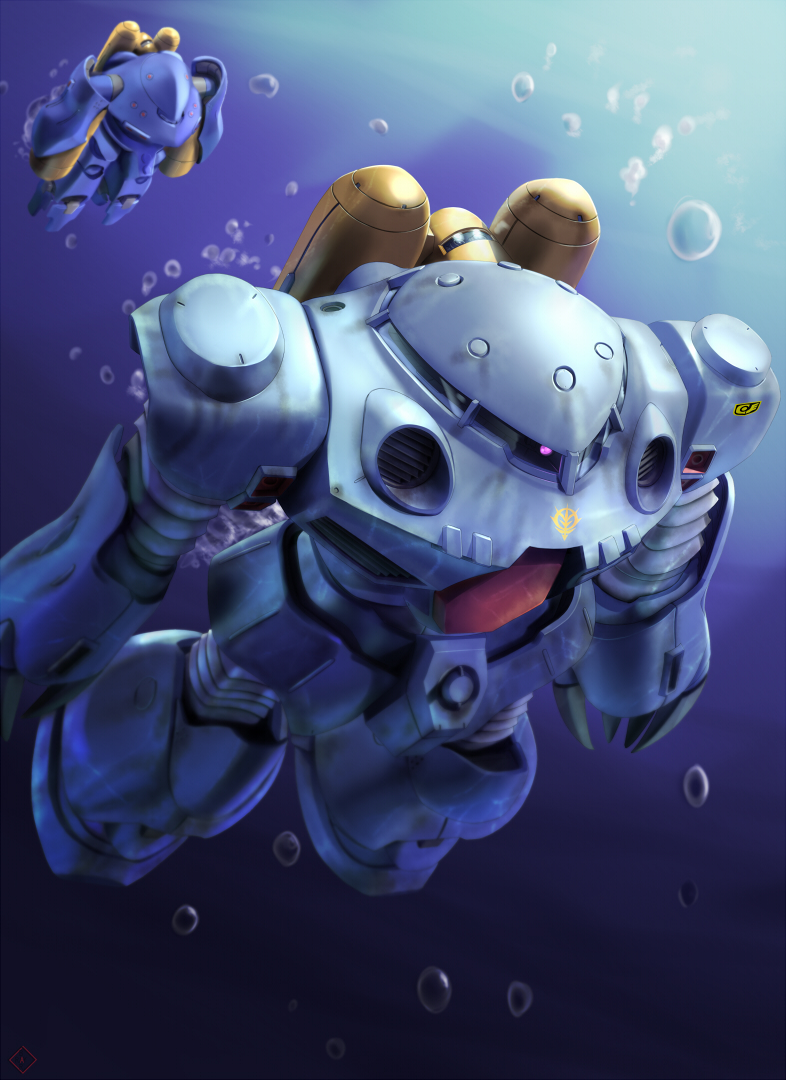 raybar, hygogg, z'gok, z'gok-e, gundam, gundam 0080, 1980s (style), air bubble, armor, bubble, diving, mecha, no humans, oldschool, outdoors, pink eyes, retro artstyle, robot, underwater, water