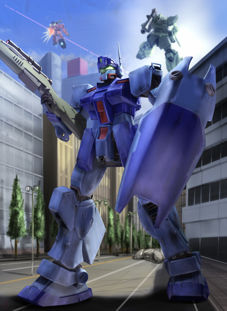 raybar, dom (mobile suit), gm (mobile suit), gm sniper ii, guncannon, guncannon mp type, rick dom ii, gundam, gundam 0080, 1980s (style), beam rifle, energy gun, gun, m1 bazooka, mecha, mecha focus, oldschool, retro artstyle, rifle, robot, rocket launcher, shield, sniper rifle, weapon