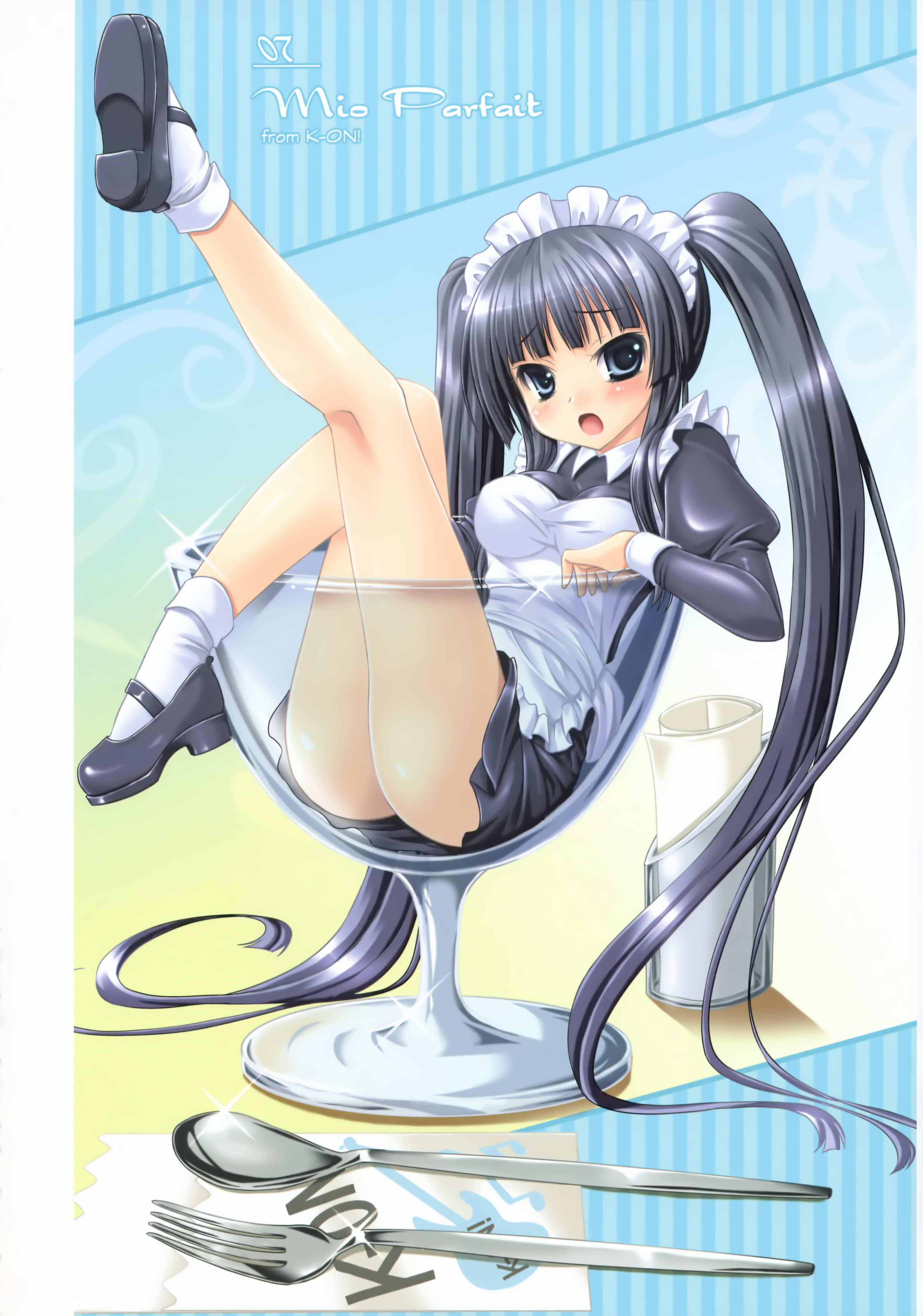 alto seneka, akiyama mio, k-on!, absurdres, highres, 00s, 1girl, black hair, blue eyes, cup, female focus, fork, in container, in cup, legs, long hair, long legs, mary janes, mini person, minigirl, open mouth, shoes, solo, spoon, twintails, very long hair, waitress