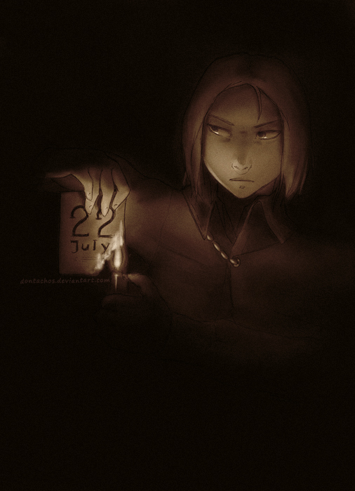 dontachos, poland (hetalia), axis powers hetalia, bad deviantart id, bad id, 00s, 1boy, angry, burning, calendar, calendar (object), dark, fire, lighter, male focus, monochrome, sepia, solo