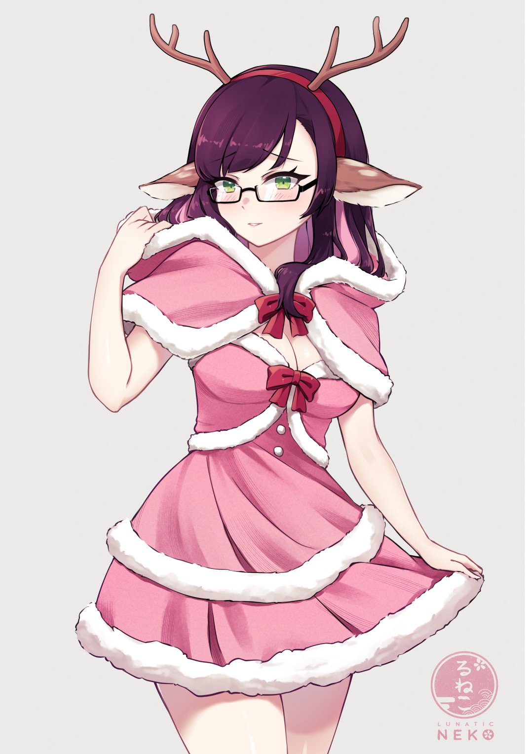 runeko, original, commentary, english commentary, highres, 1girl, animal ears, antlers, blush, breasts, capelet, christmas, cleavage, cowboy shot, dress, english text, fake animal ears, glasses, green eyes, horns, large breasts, medium hair, pink capelet, pink dress, purple hair, reindeer antlers, runeko (character), semi-rimless eyewear, simple background, solo, strapless, strapless dress, under-rim eyewear, white background