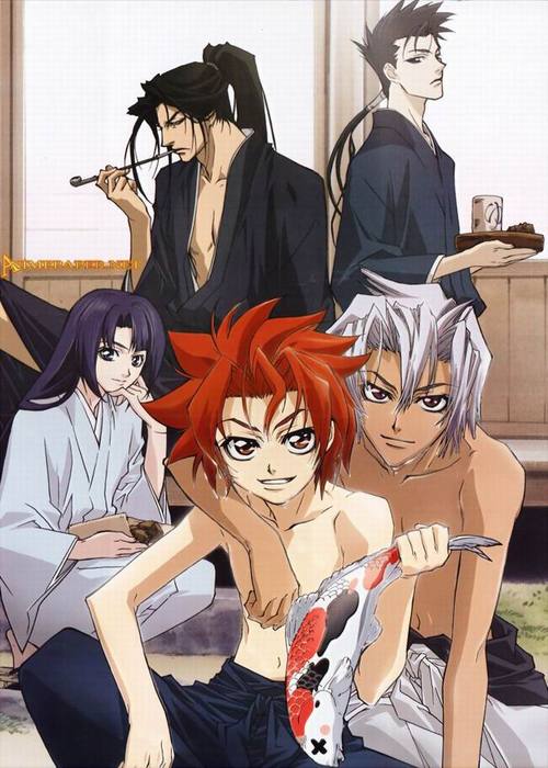 hijikata toshizo (peace maker kurogane), hijikata toshizou, ichimura tetsunosuke, kitamura suzu, okita souji (peace maker kurogane), yamazaki susumu, yamazaki susumu (peace maker kurogane), peace maker kurogane, 5boys, black hair, blonde hair, blue hair, brown eyes, brown hair, fish, japanese clothes, kimono, long hair, male focus, multiple boys, red eyes, red hair, samurai, tray, white hair
