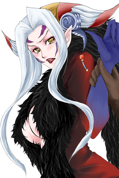 ultimecia, final fantasy, final fantasy viii, 1990s (style), horns, long hair, midriff, pointy ears, white hair, witch, yellow eyes