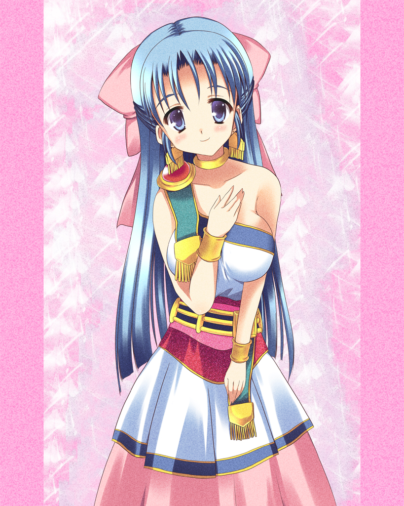akane souichi, flora (dq5), dragon quest, dragon quest v, bad id, bad pixiv id, 1girl, blue eyes, blue hair, blush, bow, female focus, hair ribbon, half updo, long hair, matching hair/eyes, pink bow, ribbon, solo