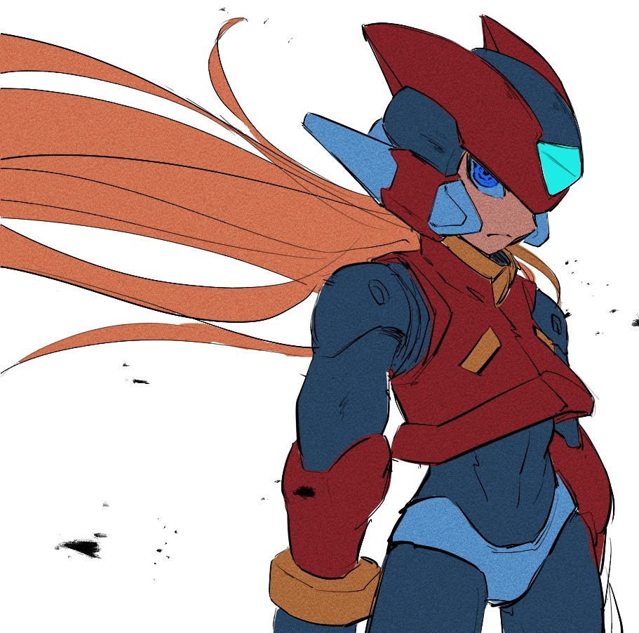 lemon inu, zero(z) (mega man), zero (mega man), mega man (series), mega man zero (series), commentary request, 1boy, armor, blonde hair, blue eyes, cowboy shot, forehead jewel, grey background, helmet, male focus, red armor, red helmet, simple background, solo