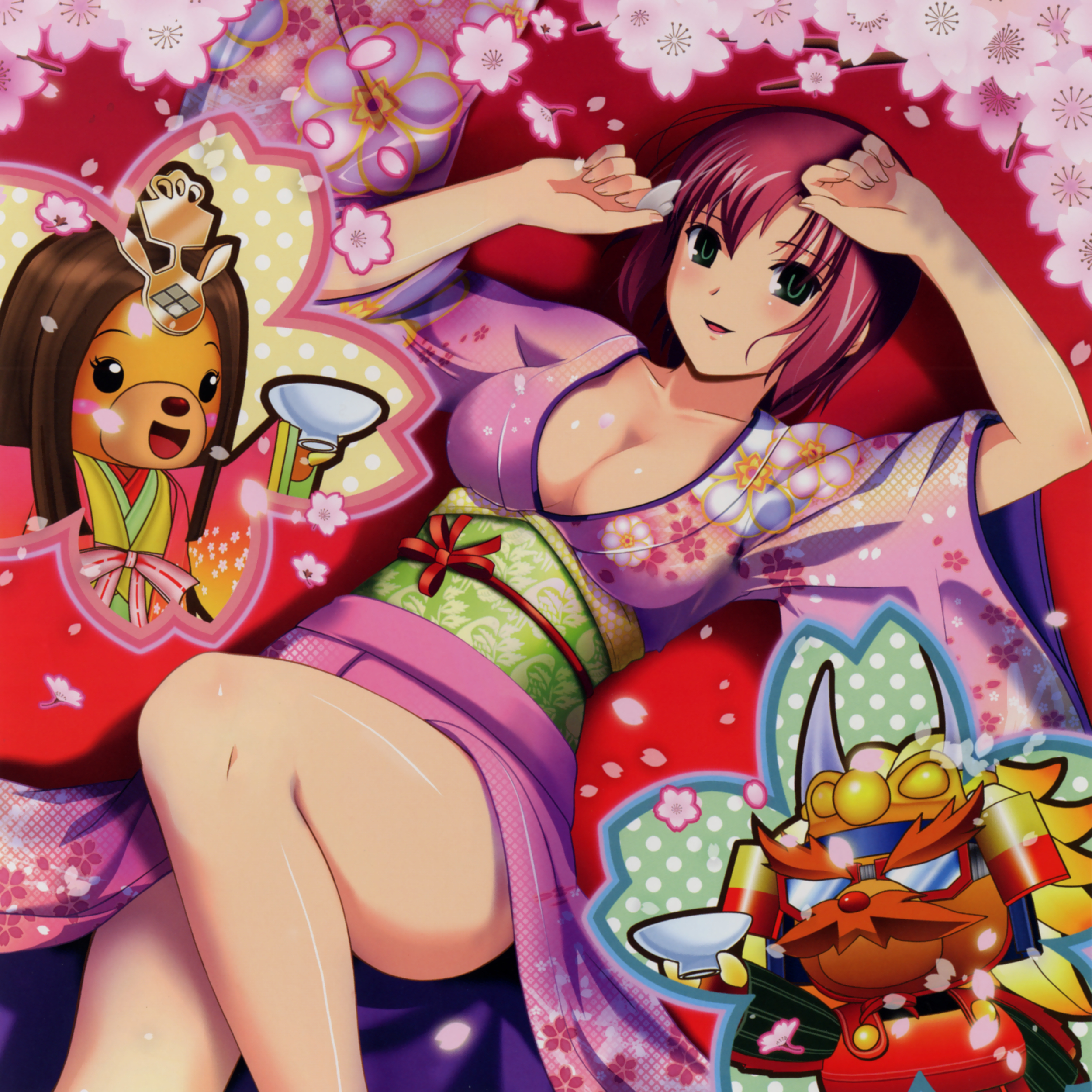 koutaro, rio rollins, super blackjack, absurdres, highres, 1girl, alcohol, breasts, cherry blossoms, cleavage, cup, green eyes, japanese clothes, kimono, large breasts, petals, red hair, sake