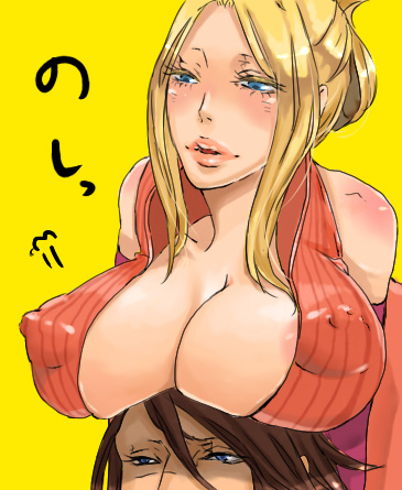 quistis trepe, squall leonhart, final fantasy, final fantasy viii, artist request, lowres, blonde hair, blue eyes, blush, breast rest, breasts, breasts on head, brown hair, cleavage, covered erect nipples, huge breasts, large breasts, lipstick, long hair, makeup, nipples, open mouth, parody, what