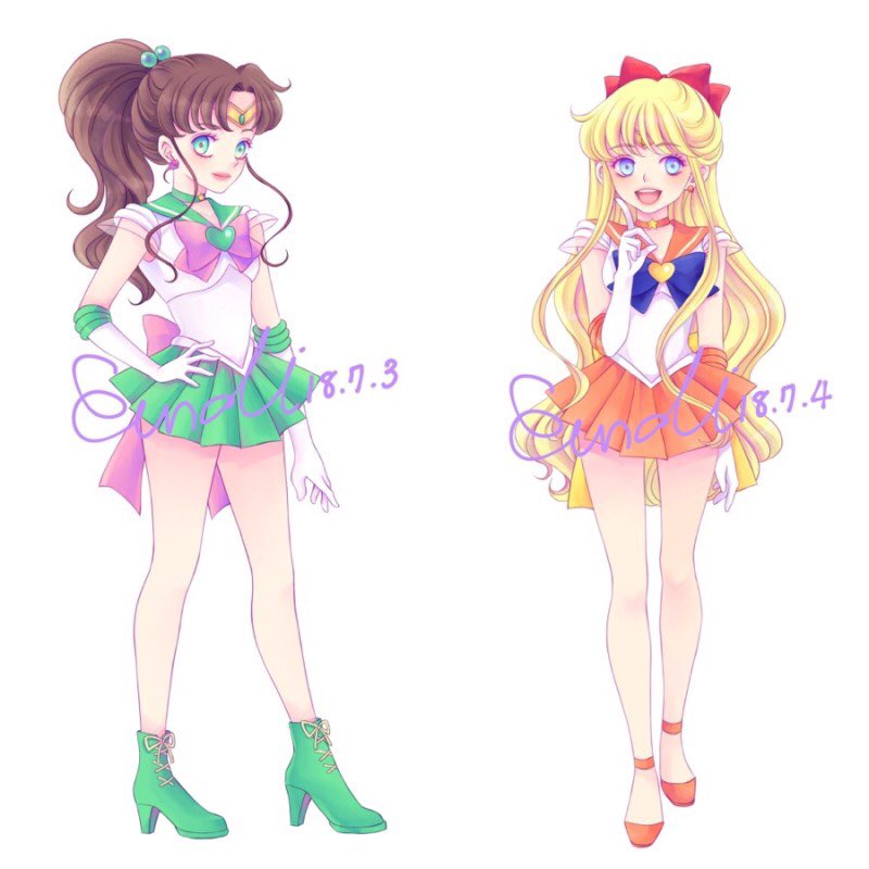 aino minako, kino makoto, sailor jupiter, sailor venus, bishoujo senshi sailor moon, commentary request, korean commentary, 2girls, blue eyes, blunt bangs, boots, choker, dated, eundi ed, full body, gloves, green boots, green skirt, hand on own hip, high heels, magical girl, multiple girls, orange skirt, ponytail, sailor senshi uniform, simple background, skirt, smile, white background, white gloves