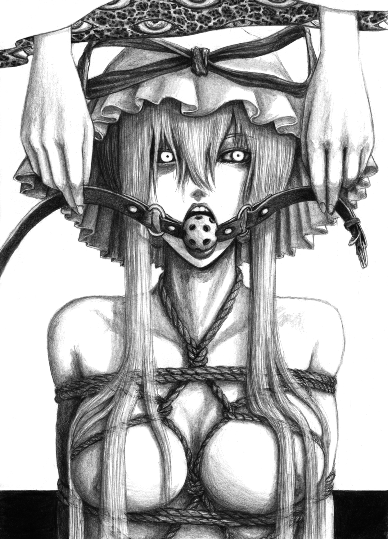 hane (azelye), yakumo yukari, touhou, bad id, bad pixiv id, graphite (medium), highres, traditional media, 1girl, ball gag, bdsm, bondage, bound, breasts, female focus, gag, gagged, gagging, gap (touhou), greyscale, hair over breasts, hat, large breasts, long hair, monochrome, nipples, rope, self bondage, shibari, solo, upper body, wiffle gag