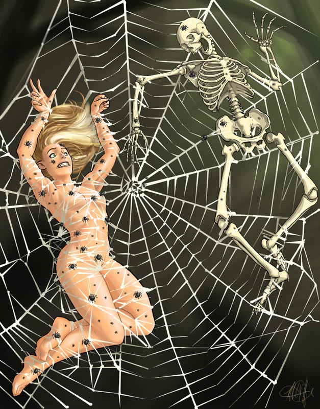 non-web source, 1girl, blonde hair, bug, clenched teeth, creepy, death, elf, entangled, ero guro, female focus, guro, horror (theme), long hair, nude, pointy ears, signature, silk, skeleton, solo, spider, spider web, teeth