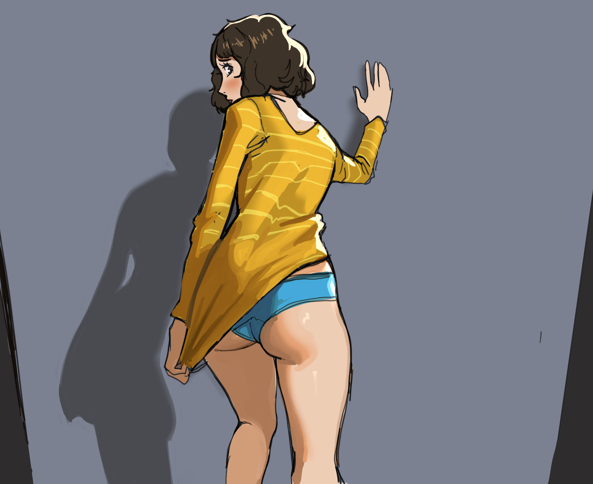 sunbeam (artist), kawakami sadayo, persona, persona 5, 1girl, ass, blush, brown eyes, brown hair, from behind, gluteal fold, leaning, looking at viewer, looking back, medium hair, panties, simple background, solo, underwear