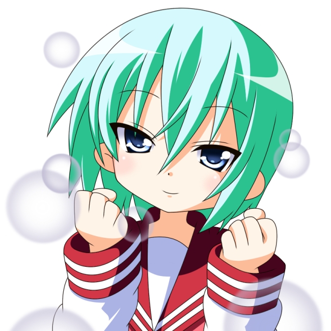 rindou (awoshakushi), iwasaki minami, lucky star, 00s, 1girl, blue eyes, female focus, green hair, school uniform, serafuku, short hair, smile, solo, white background