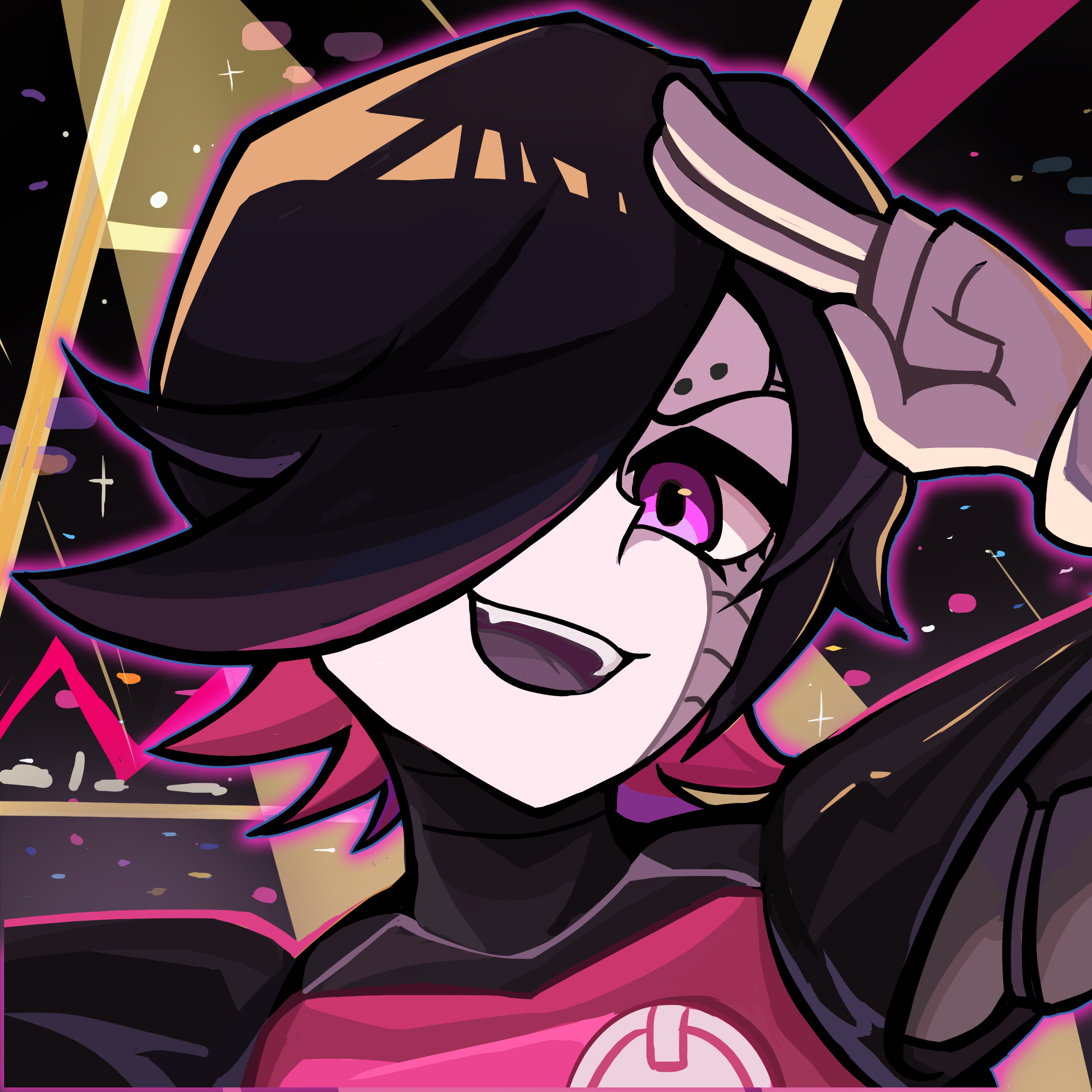 mettaton, undertale, utdr (toby fox), absurdres, commission, highres, mihuashi commission, 1boy, black hair, colored inner hair, fangs, flipped hair, girly boy, gloves, humanoid robot, looking at viewer, male focus, multicolored hair, open mouth, pink eyes, portrait, robot, short hair, smile, solo, spotlight, thick eyelashes, thick lineart, vexy (mihuashi 3662908), white gloves