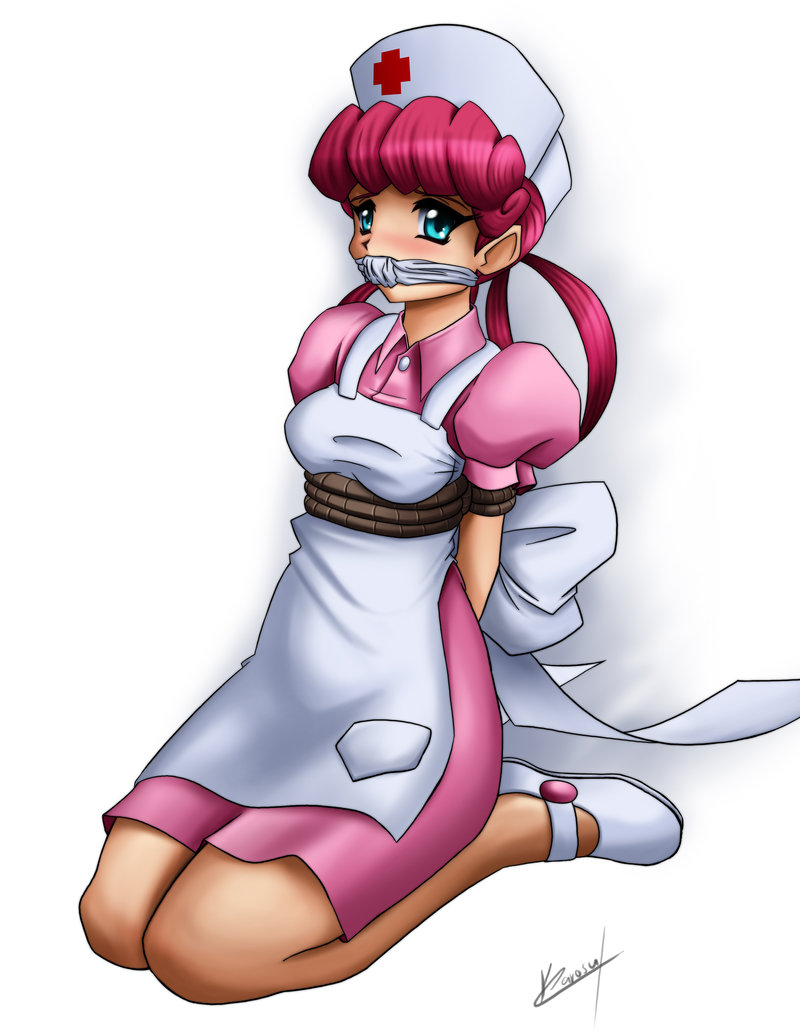 joy (pokemon), nintendo, pokemon, commission, 1girl, bdsm, blush, bondage, bound, female focus, full body, gag, gagged, nurse, simple background, solo, white background