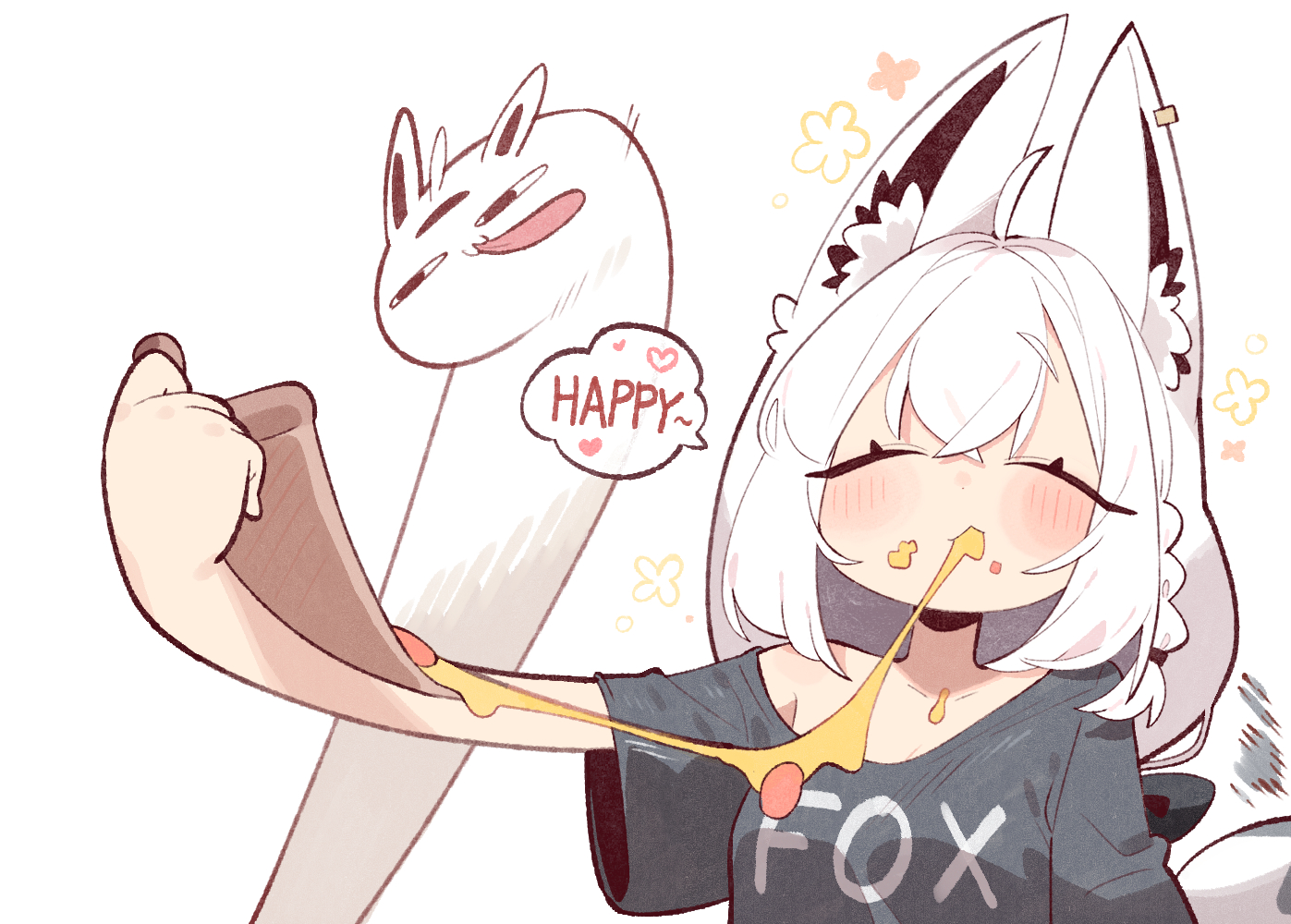 cocomayo29 (tomato), miteiru (shirakami fubuki), shirakami fubuki, hololive, commentary, korean commentary, <o> <o>, 1girl, ahoge, alternate costume, animal ear fluff, animal ear piercing, animal ears, black shirt, braid, closed eyes, earrings, english text, food, fox ears, fox girl, fox tail, hair between eyes, hair ornament, happy aura, holding, holding food, holding pizza, jewelry, long hair, pizza, pizza slice, shirt, simple background, single braid, single earring, tail, virtual youtuber, white hair