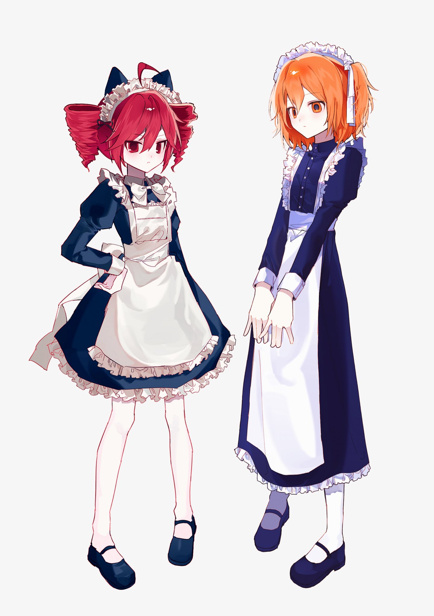 cheong (nept1211), adachi rei, kasane teto, a.i. voice, utau, commentary request, highres, 2girls, ahoge, alternate costume, apron, blue dress, closed mouth, dress, drill hair, enmaided, frilled apron, frills, full body, hair ribbon, hand on own hip, juliet sleeves, long dress, long sleeves, looking at viewer, maid, maid apron, maid headdress, mary janes, multiple girls, one side up, orange eyes, orange hair, own hands together, pantyhose, puffy sleeves, red eyes, red hair, ribbon, shoes, short dress, simple background, standing, twin drills, white apron, white background, white pantyhose, white ribbon