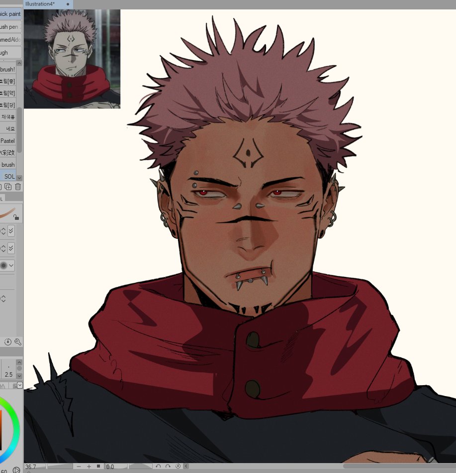 to 0fu, ryoumen sukuna (jujutsu kaisen), jujutsu kaisen, photoshop (medium), 1boy, :t, alternate skin color, anime screenshot inset, art program in frame, black jacket, bridge piercing, closed mouth, color wheel, crew cut, ear piercing, extra eyes, eyebrow piercing, face piercing, facial tattoo, film grain, forehead tattoo, furrowed brow, hood, hood down, jacket, jujutsu tech uniform, labret piercing, male focus, piercing, pink hair, plug (piercing), portrait, red eyes, red hood, scowl, screenshot inset, short hair, sideways glance, snakebite (piercing), solo, spiked ear piercing, tan, tattoo, white background