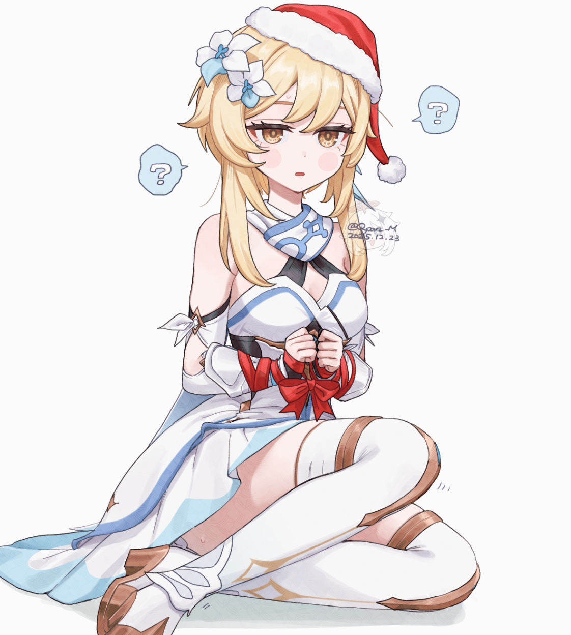 q (oshikuraq), lumine (genshin impact), paimon (genshin impact), genshin impact, commentary request, highres, 1girl, ?, blonde hair, bloomers, blush stickers, boots, bound, bound wrists, dated, dress, earrings, feather earrings, feather hair ornament, feathers, flower, hair flower, hair ornament, hat, jewelry, parted lips, red ribbon, ribbon, santa hat, scarf, short hair with long locks, sitting, solo, spoken question mark, sweatdrop, thigh boots, twitter username, underwear, white background, white bloomers, white boots, white dress, white flower, white scarf, yellow eyes, yokozuwari
