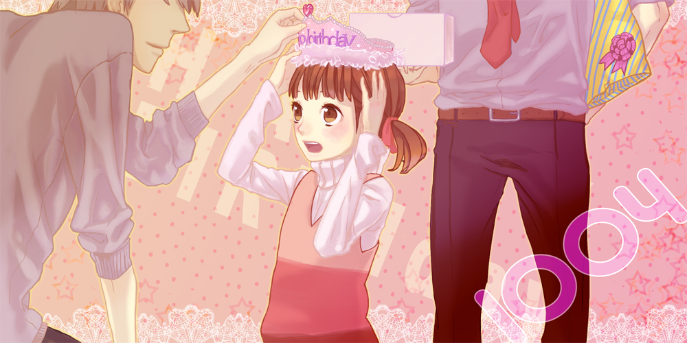 hoe (dbp), doujima nanako, doujima ryoutarou, narukami yu, atlus, persona, persona 4, 1girl, 2boys, age difference, blush, brown eyes, brown hair, crown, family bonding, father and daughter, long sleeves, multiple boys, necktie, ribbon, short hair, smile, twintails