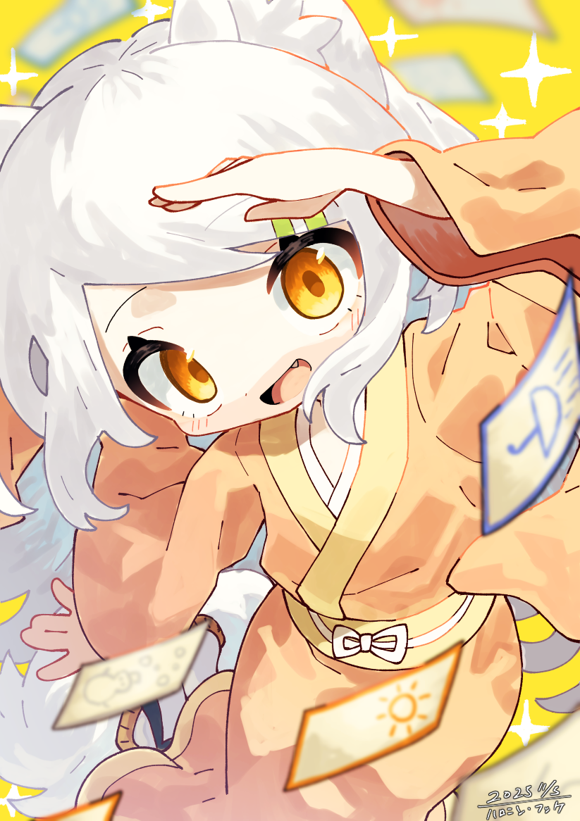 haronin fukke, original, commentary request, commission, skeb commission, 1girl, animal ear fluff, animal ears, charm (object), fang, fox ears, fox girl, fox tail, hand on own forehead, japanese clothes, kimono, looking at viewer, open mouth, sandals, solo, tail, white fur, white hair, yellow eyes