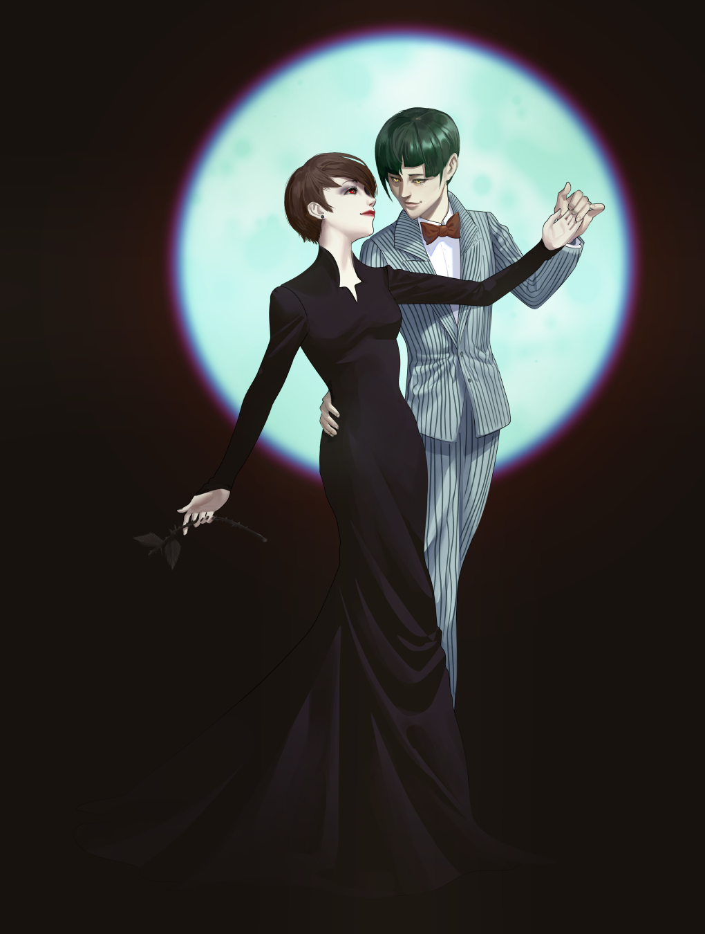 leylinefount, gomez addams, hiromine yoko, morticia addams, protagonist (smtv), shin megami tensei, shin megami tensei v, shin megami tensei v: vengeance, commentary, english commentary, highres, black background, black dress, black eyeshadow, black flower, black nails, bow, bowtie, brown hair, cosplay, couple, dress, earrings, eyeshadow, flower, gomez addams (cosplay), green hair, hand on another's waist, hetero, holding, holding flower, jewelry, makeup, moon, morticia addams (cosplay), red bow, red bowtie, red eyes, red lips, short hair, single earring, striped clothes, yellow eyes