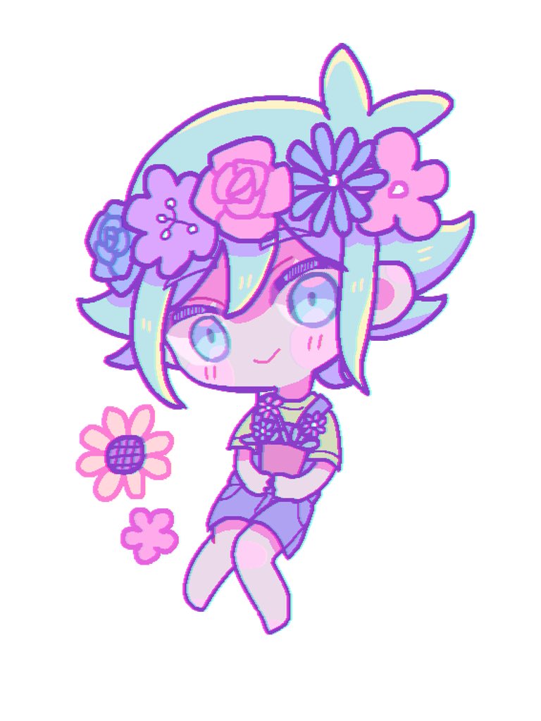 yo (wetpotatosunsun), basil (headspace) (omori), basil (omori), omori, 1boy, :>, antenna hair, barefoot, blue overalls, blush, chibi, chibi only, closed mouth, double-parted bangs, flower, flower pot, flower wreath, full body, green eyes, green hair, green shirt, hair between eyes, head wreath, holding, holding flower pot, looking at viewer, male focus, overall shorts, overalls, plant, potted plant, shirt, short hair, short sleeves, sidelocks, simple background, smile, solo, sunflower, t-shirt, white background