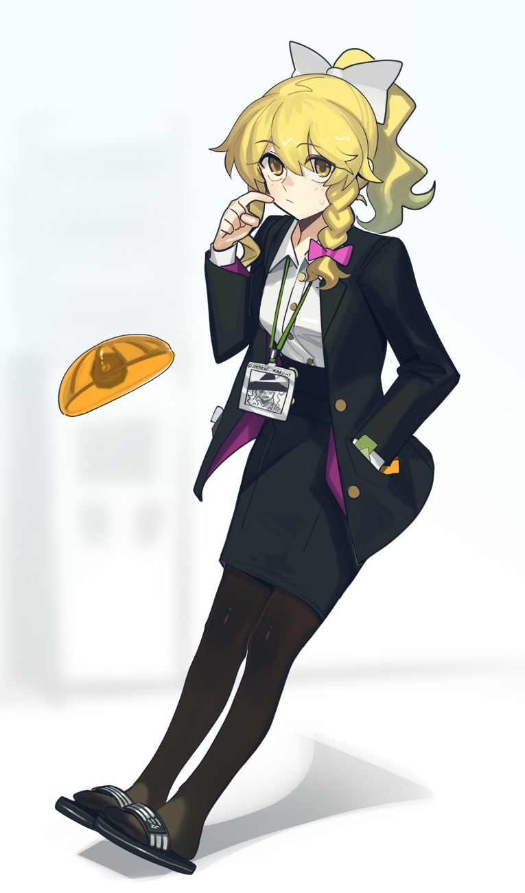 boa (brianoa), kirisame marisa, touhou, commentary, highres, 1girl, :/, black jacket, black pantyhose, black sandals, black skirt, blazer, blonde hair, bow, braid, buttons, closed mouth, collared shirt, full body, hair between eyes, hair bow, hand in pocket, hand up, jacket, long hair, looking at viewer, name tag, office lady, pantyhose, pencil skirt, ponytail, purple bow, sandals, shadow, shirt, side braid, simple background, single sidelock, skirt, solo, standing, white background, white bow, white shirt, yellow eyes
