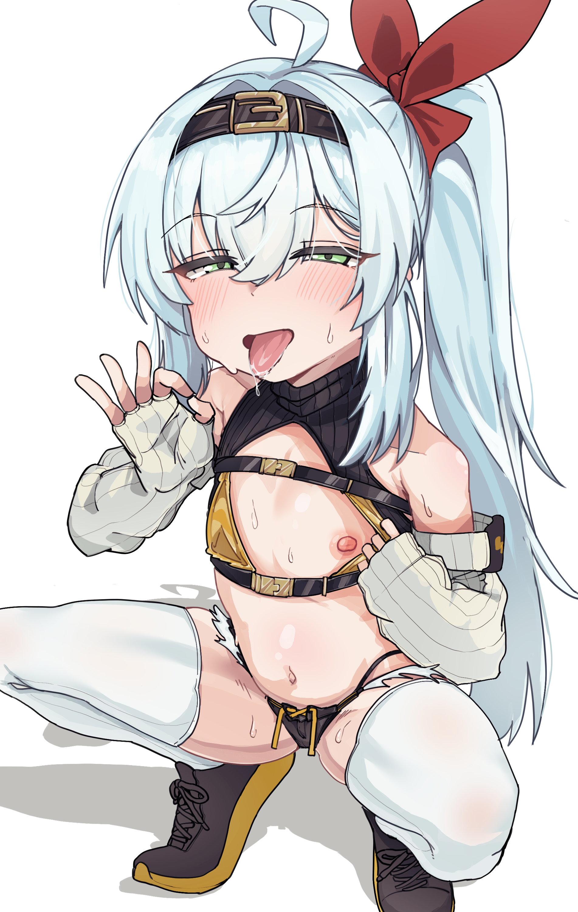 poyo154297, original, absurdres, commentary, commission, english commentary, highres, 1girl, fellatio gesture, flat chest, green eyes, long hair, nipples, side ponytail, solo, squatting, thighhighs, tongue, tongue out, white thighhighs