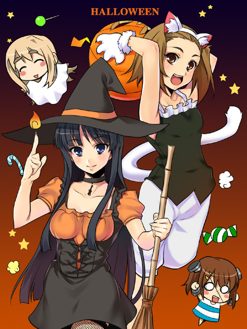 azu, akiyama mio, hirasawa yui, kotobuki tsumugi, tainaka ritsu, k-on!, 00s, 2girls, 4girls, animal ears, cat ears, cat tail, halloween, hat, ho-kago tea time, multiple girls, tail, witch hat