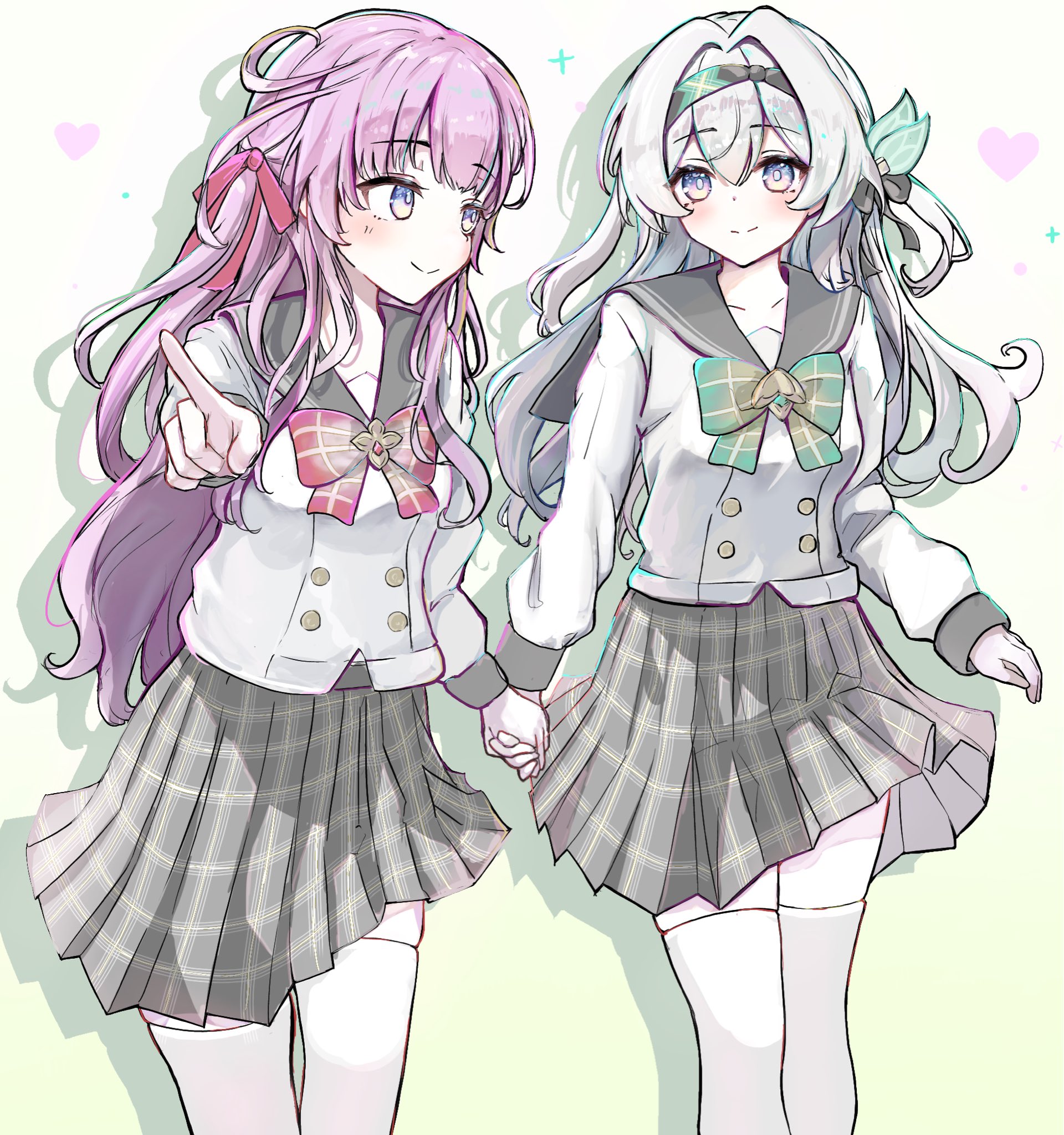 shyaruru, firefly (honkai: star rail), firefly (spring missive) (honkai: star rail), honkai: star rail, honkai (series), commentary request, highres, 2girls, black hairband, black ribbon, blue pupils, blush, bow, bowtie, buttons, closed mouth, collared shirt, double-breasted, gradient eyes, green bow, green bowtie, grey sailor collar, grey skirt, hair ornament, hair ribbon, hairband, heart, holding hands, long sleeves, multicolored eyes, multiple girls, pink bow, pink bowtie, pink hair, plaid bow, plaid bowtie, plaid clothes, pleated skirt, pointing, ribbon, sailor collar, shirt, simple background, skirt, thighhighs, white shirt, white sleeves, white thighhighs